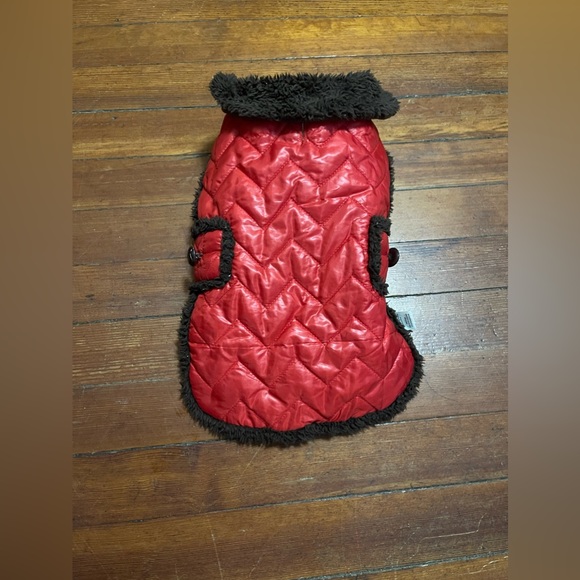 Other - Pet Dog Coat Medium Vest Barbie red Jacket brown Trim And Lining 12x9”